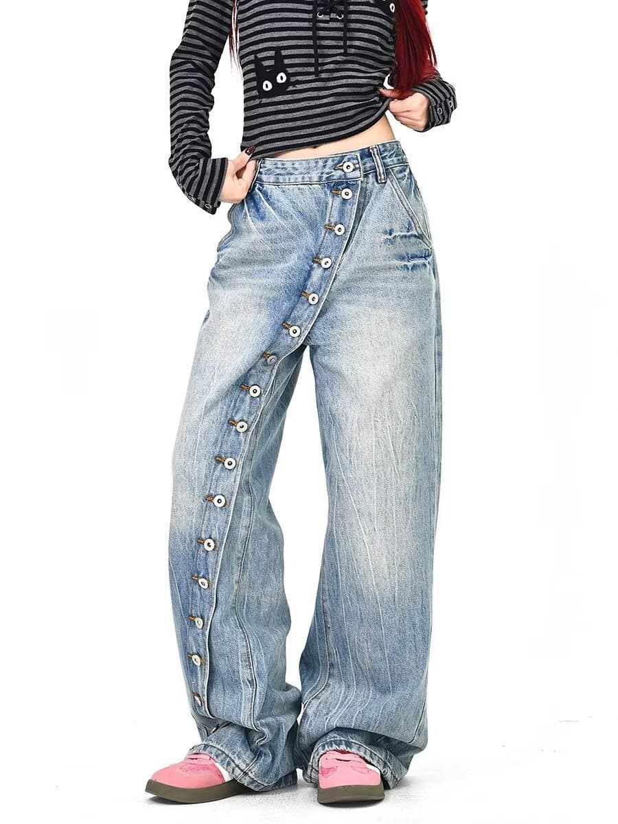 American High-Street Design Slanted Placket Button Denim Pants for Men and Women, Vintage Washed Distressed Floor-Length Pants