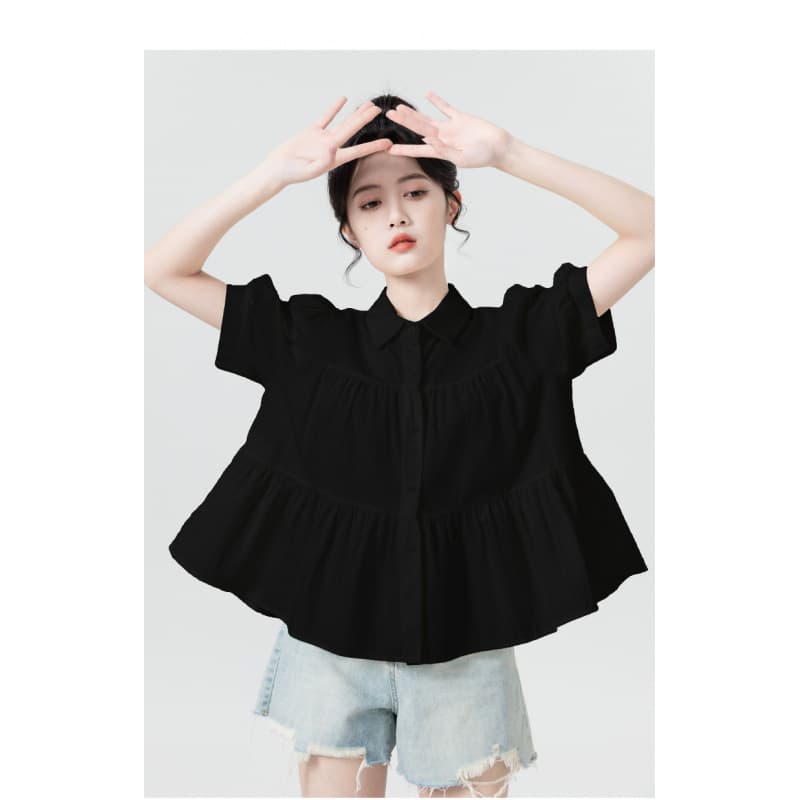Black short-sleeved Polo shirt for women summer 2025 new design ruffled puff-sleeved shirt babydoll top
