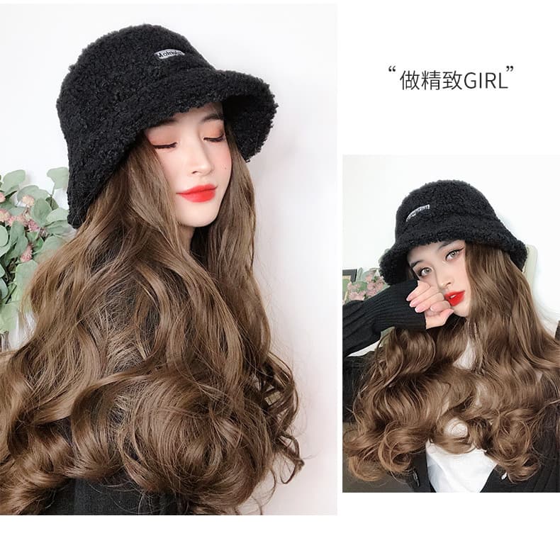 Long Hair Wig Hat for Women, Lamb Wool Fisherman Hat Wig Cap, Autumn Winter Water Wave Wig Hat