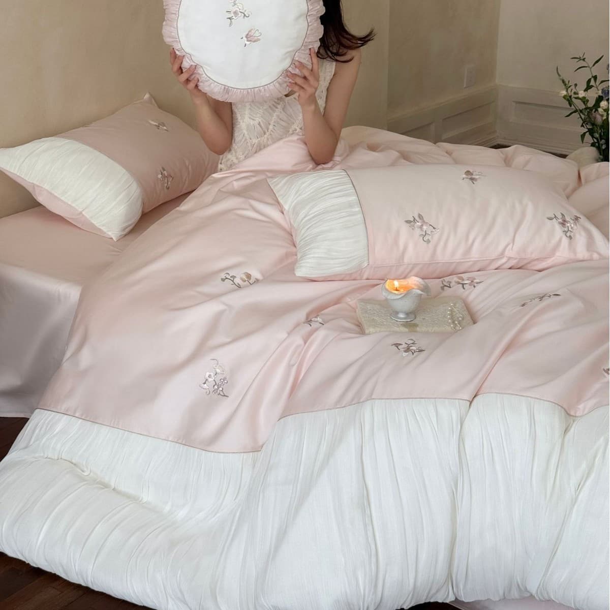 French Princess Style 100S Combed Cotton Long-Staple Cotton 4-Piece Set, Pure Cotton Embroidered Duvet Cover & Fitted Sheet, Bedding for Girls