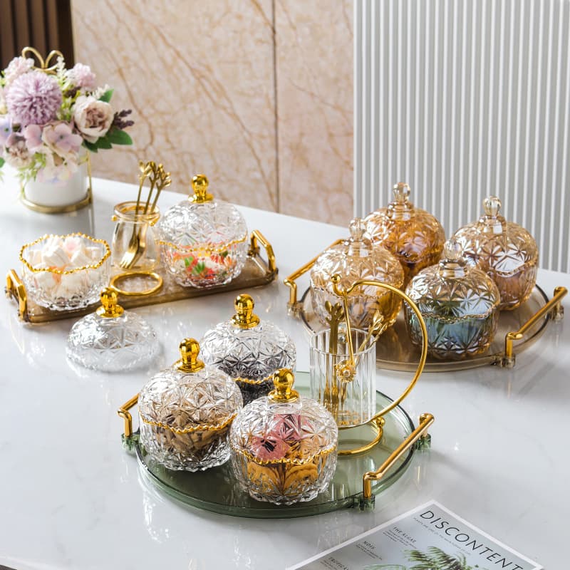European Style Round Glass Dried Fruit Dish Bowl Jar Snack Plate Snack Box Dried Fruit Dessert Divided Compartment Fruit Plate with Lid