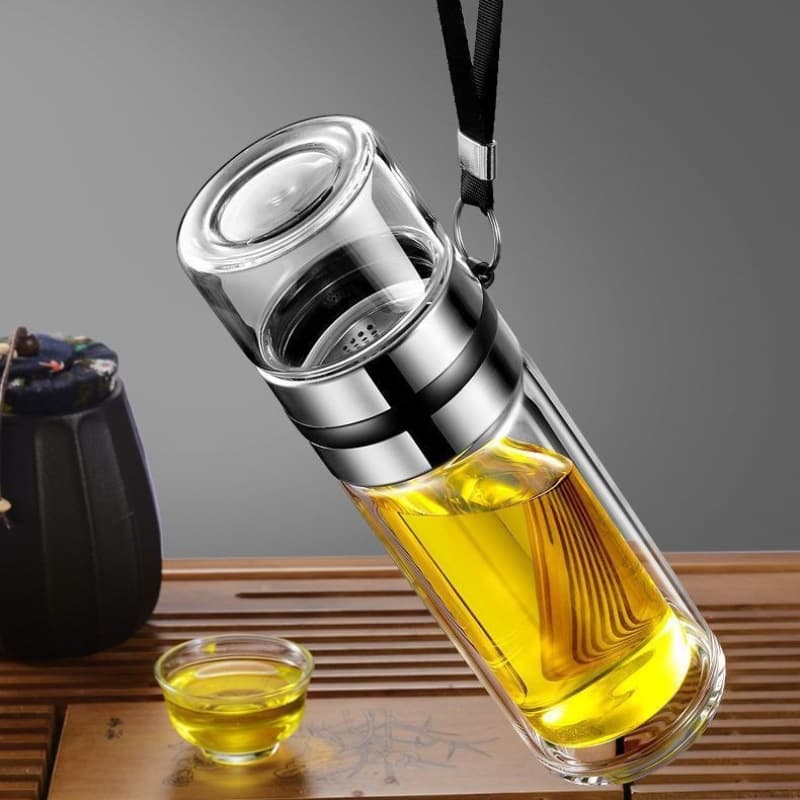 Portable Insulated Double-Wall Glass Cup with Tea Separation Filter Transparent Tea Brewing Cup S