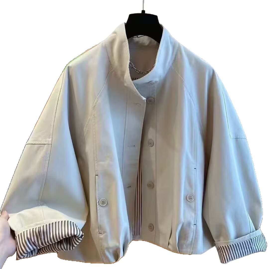 Premium Korean-style Stand Collar Contrast Color Workwear Jacket for Women, New Autumn/Winter Trench Coat, Hong Kong Style Casual Trendy Windbreaker