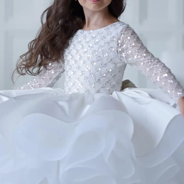 White Short Tutu Dress for Flower Girl Long Sleeve Gown Wedding Princess Birthday Piano Host Walk Show Sequin Performance Costume