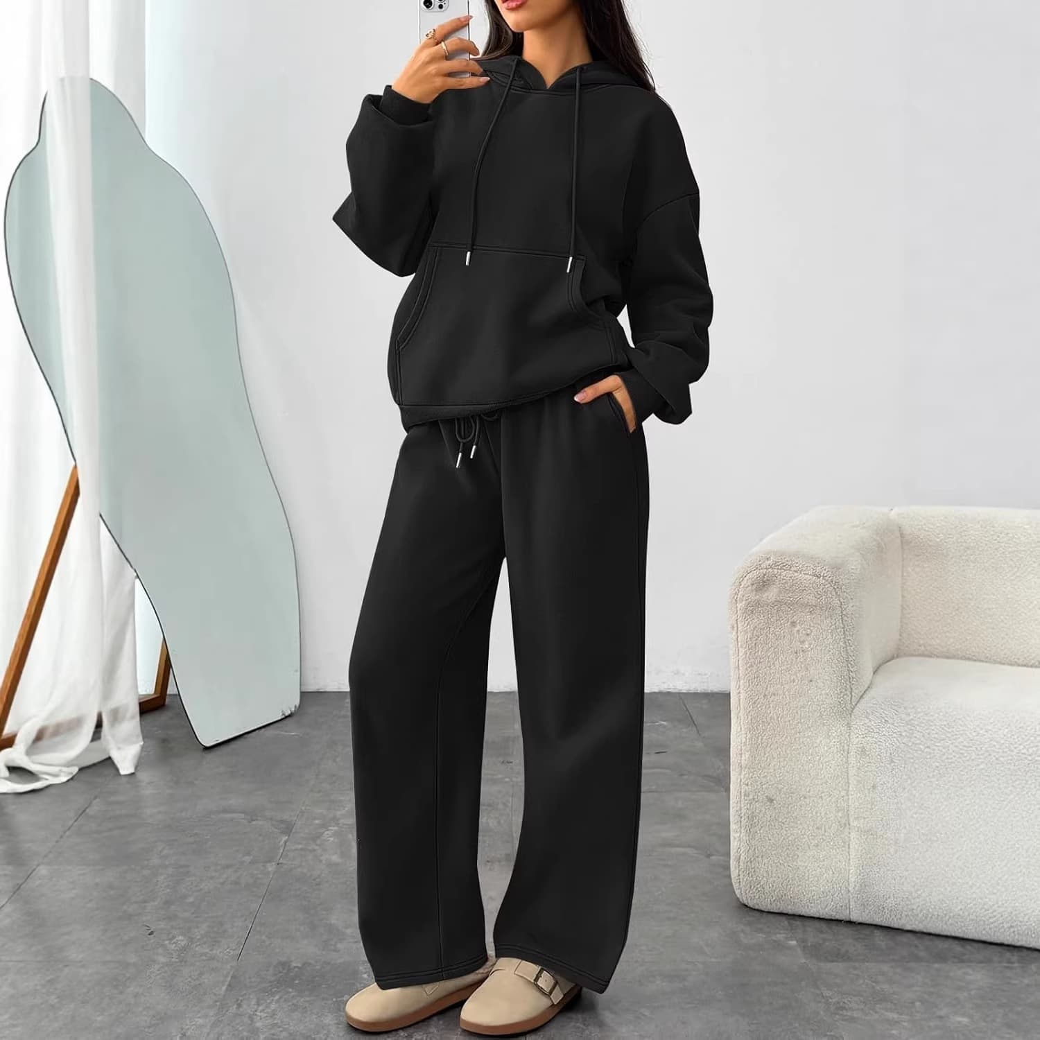Cross-Border Trade Hoodie and Wide-Leg Pants Sportswear Set Fashionable Fleece Hoodie Sweatshirt Set