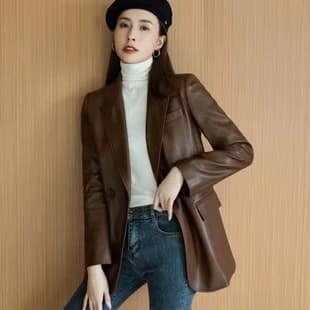 Plus Size Leather Blazer Jacket, Korean 2022 New Style Casual Retro Top, Versatile Leather Jacket for Overweight Women
