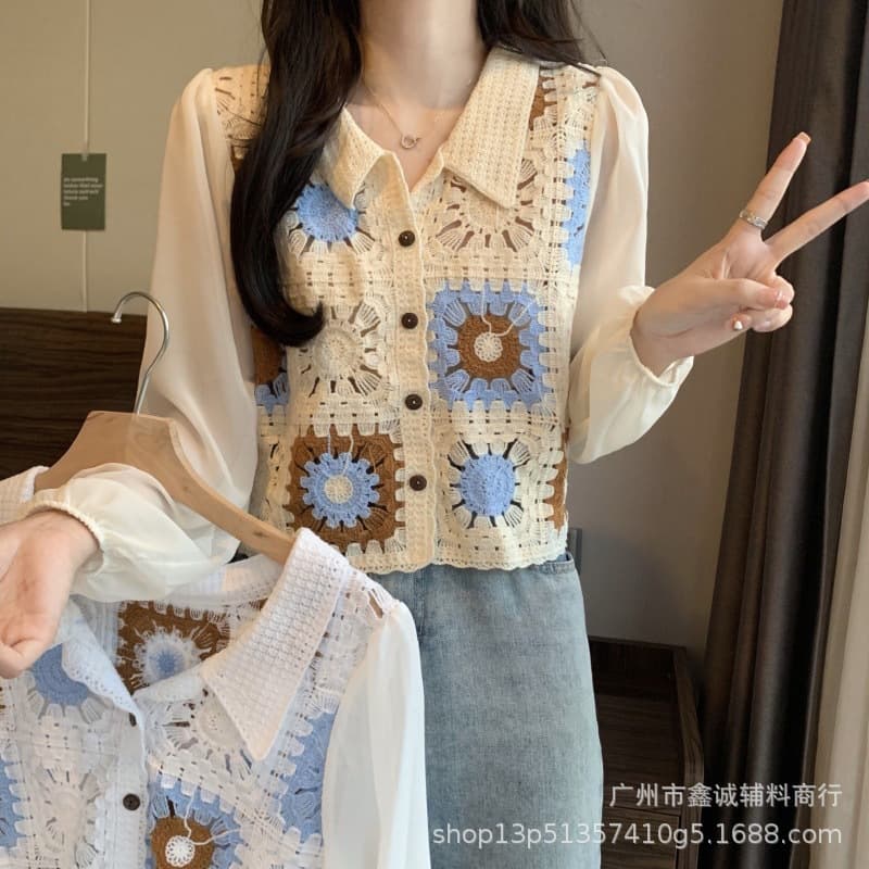 New Spring/Autumn Embroidered Crochet Collar Thin Chiffon Blouse for Women, Designer Style, Loose Fit, Hollow-out Shirt Top