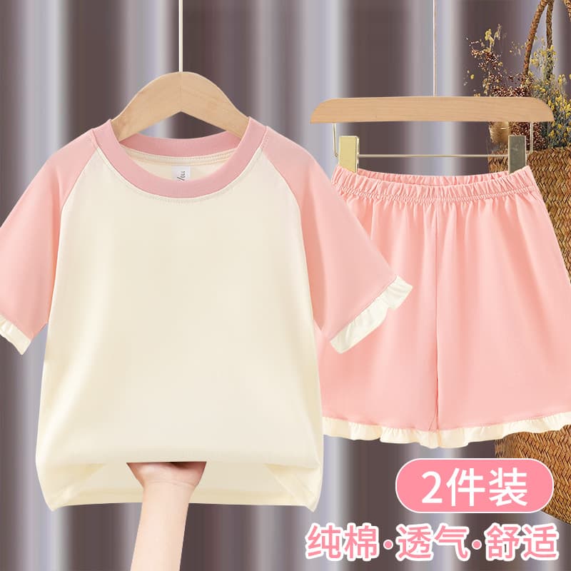 Girls home wear set 2025 new fashion short-sleeved shorts 2-piece set girls lace pure cotton comfortable pajamas