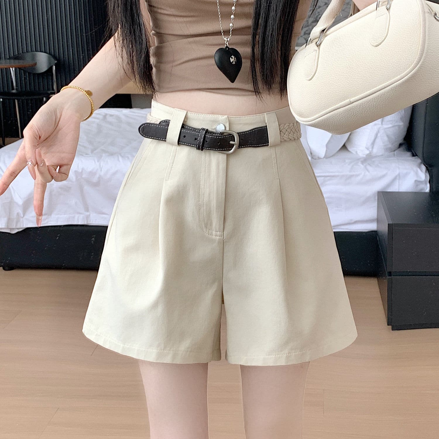 Washed cotton cargo shorts women's summer high-waisted casual wide-leg A-line pants fashion versatile suit five-point pants