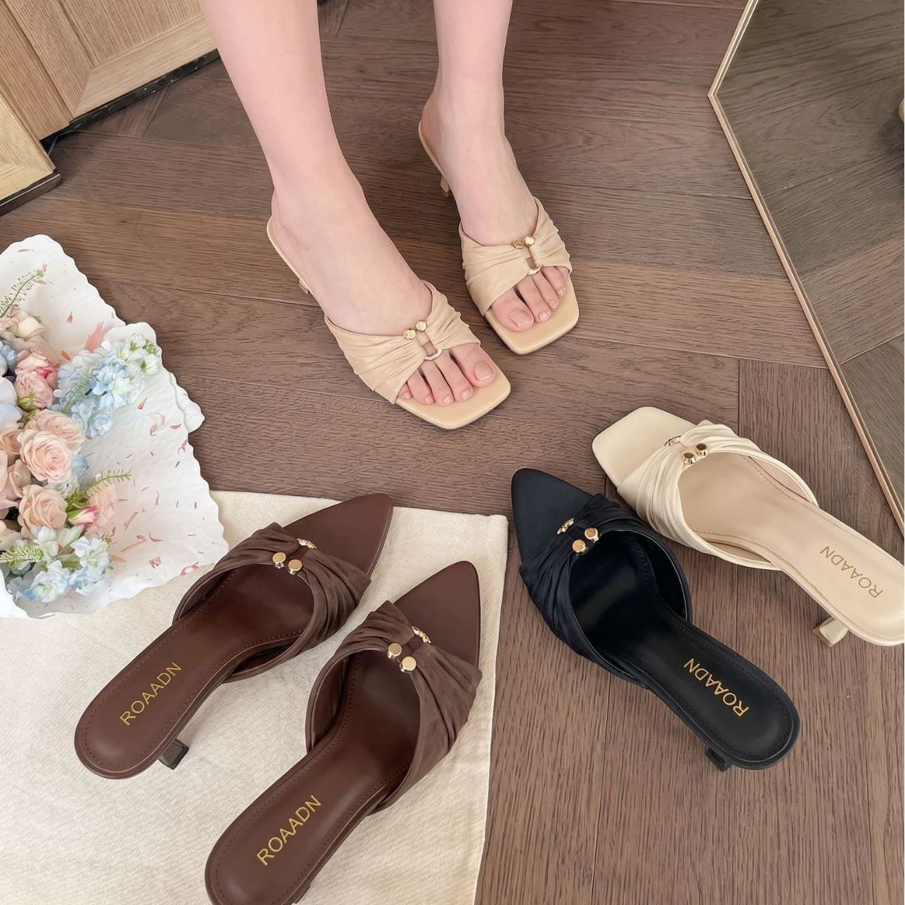 2026 Summer New Style Slippers, Thin Heel Low Heel Shoes, Pleated Metal Buckle Pointed Toe Open Toe Sandals, Mid Heel Thin Heel Women's Shoes