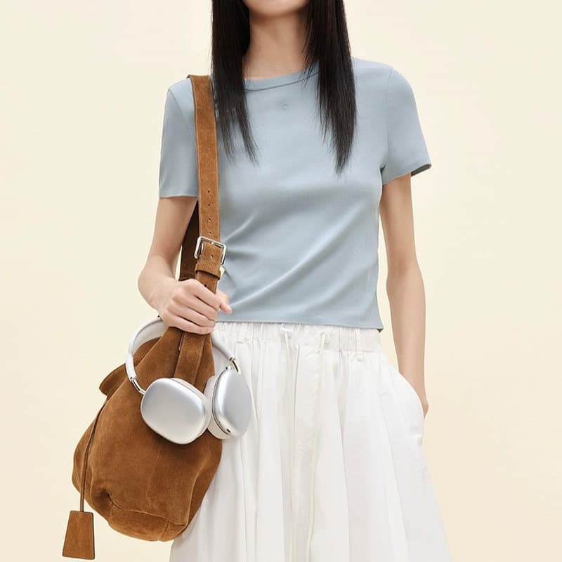 M&C Minimalist Premium A-Series Letter Print Short Sleeve T-Shirt, Macaron Color, Regular Shoulder, Slim Fit, Versatile, Flattering Cropped Tee