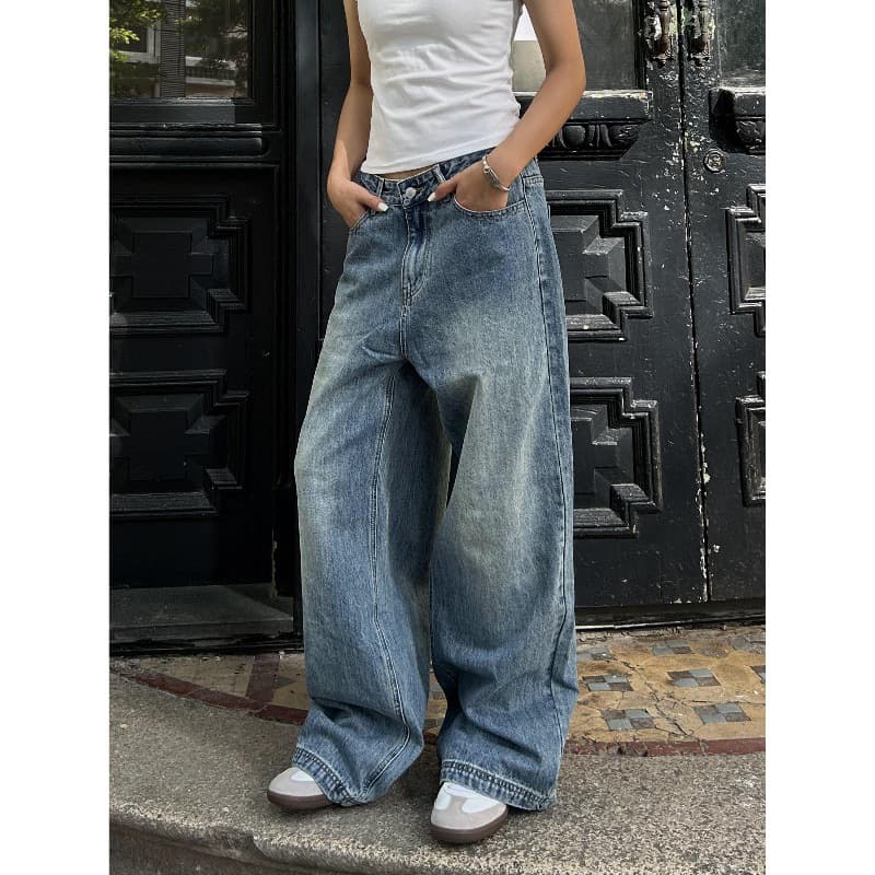 Plus Size American Vintage Washed Wide-Leg Jeans for Women Spring Fall New High-Street Straight-Leg Pants Versatile Floor-Length Trousers