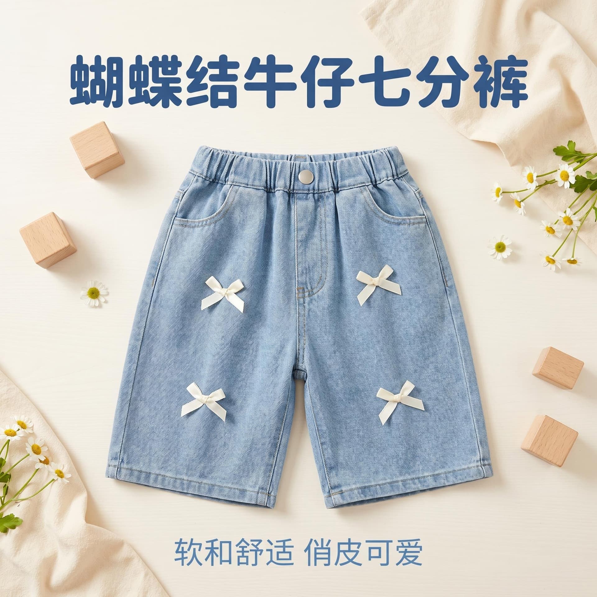 Girls' Bow Denim Cropped Pants Summer New Loose Casual Pants Korean Style Cute Children's Outerwear Shorts Trendy