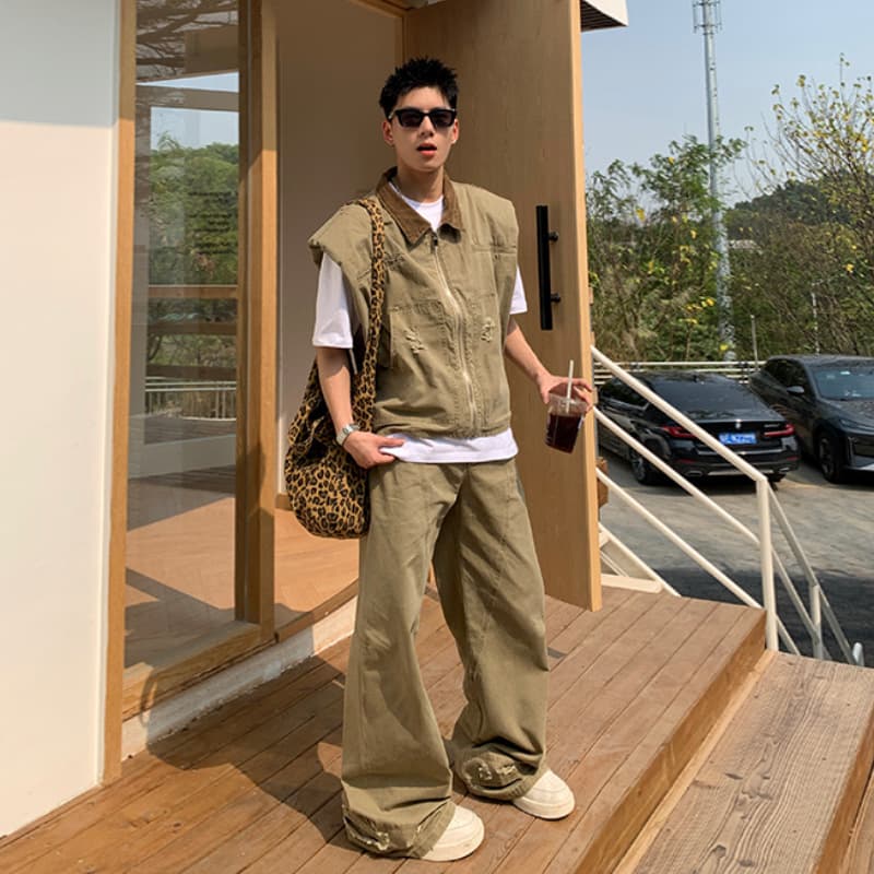 American-Style Trendy Retro Denim Jacket for Men, New Summer Design with Oversized Fit, Vest, and Loose Pants Set