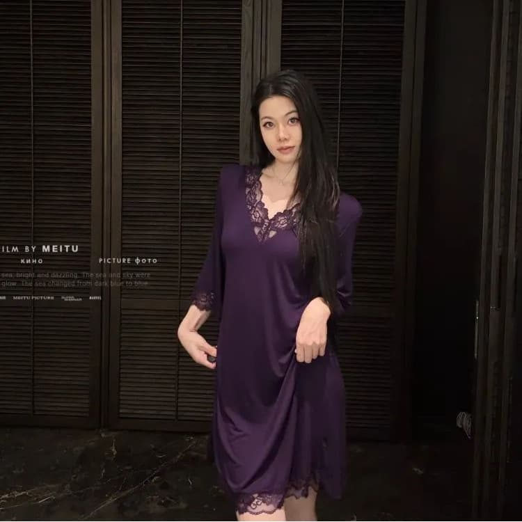 Sexy Women's Pajamas Summer Cool Half-Sleeve Nightgown Pure Desire Style Lace Midi Dress High-End Loungewear Suitable for Outing