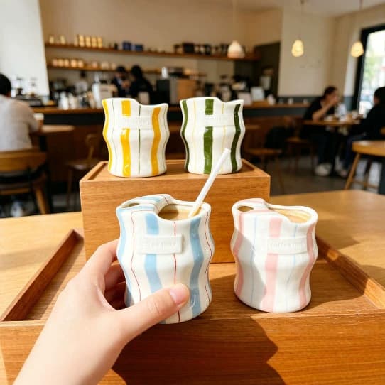 Colorful striped hand held ceramic coffee cup home office drinking cup hand pinched hand held striped coffee cup