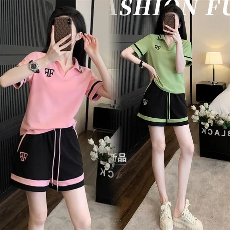 Women's Summer New European High-End Salt-Style Polo Neck Short Sleeve Two-Piece Set Fashion Casual Sportswear Shorts Set