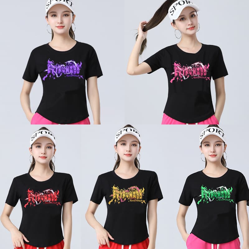 Summer square dance short-sleeved ribbed cotton T-shirt top, dance outfit, sportswear, casual wear