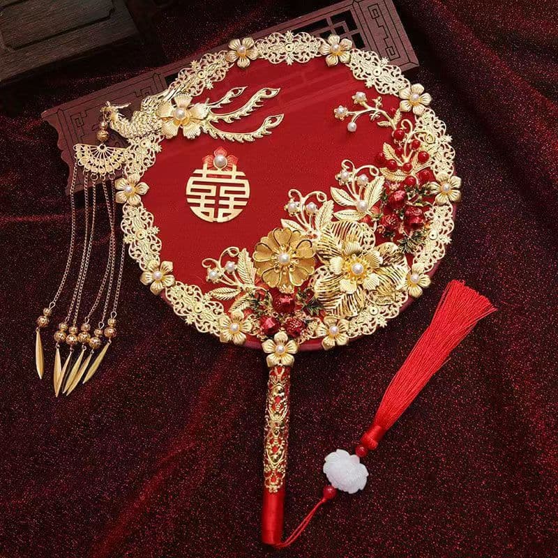 Wedding Fan, Bride's Wedding Fan, Finished Red Antique Wedding Fan, Chinese-Style Bouquet, Blessing Fan, Wedding Gift