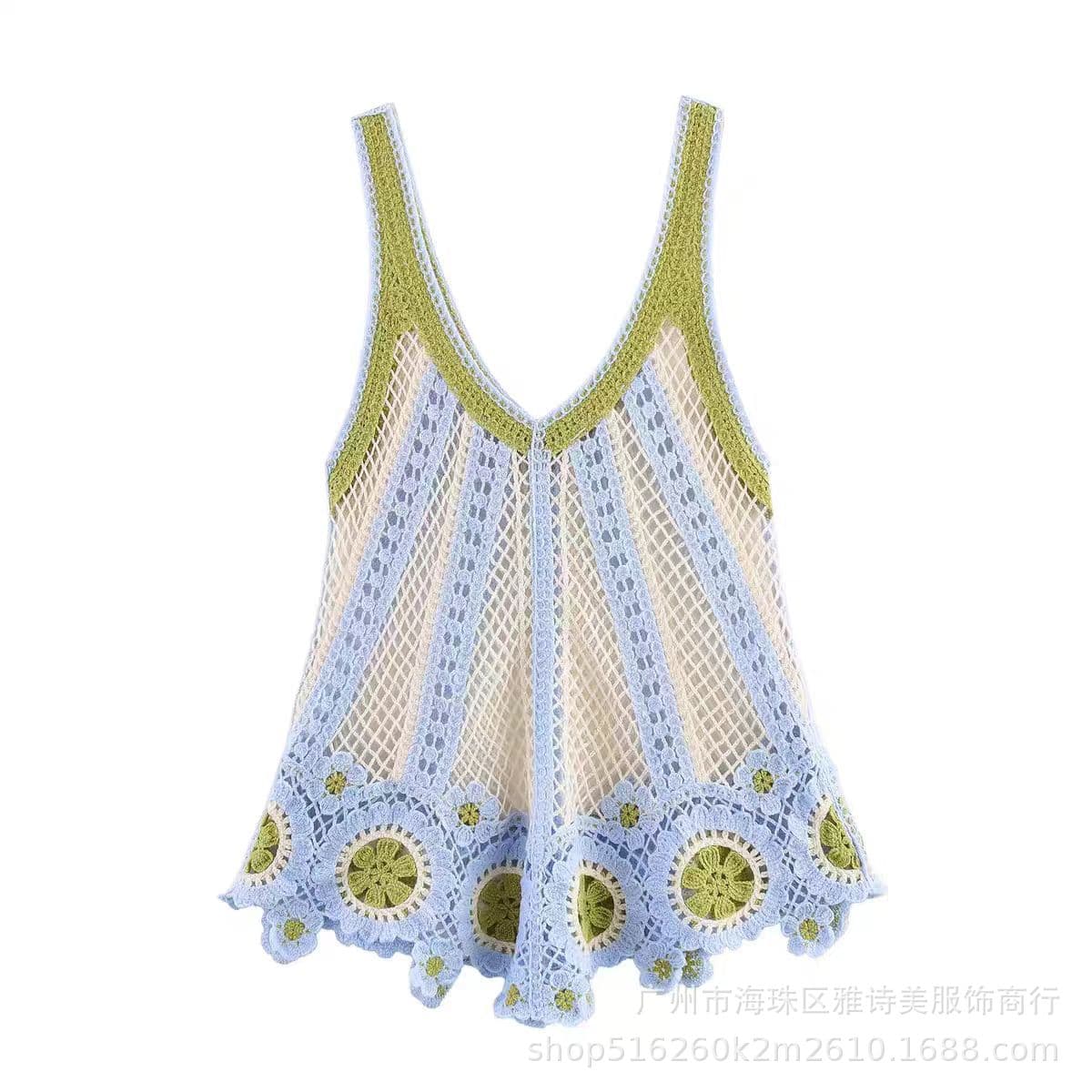 Vacation Style Crochet Hollow V-Neck Knit Camisole Women's Fall Fashionable Outerwear Sleeveless Top