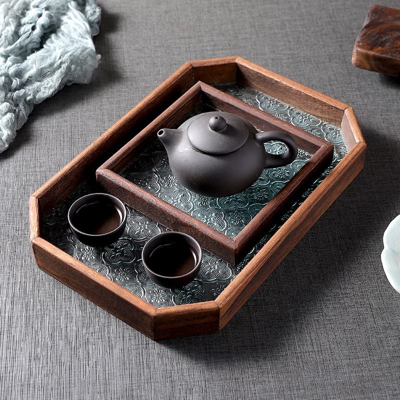 Polygon Begonia Flower Glass Tray New Chinese Style Diamond Tea Tray Solid Wood Snack Tray Tea Set Storage Tray