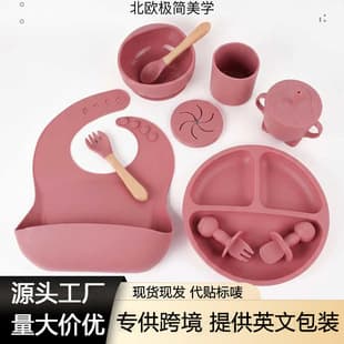 Cross-border Kids Silicone Dinner Plate with Suction Cup, Food-Grade Baby Tableware Set, Feeding Bowl and Utensils 10-Piece Set