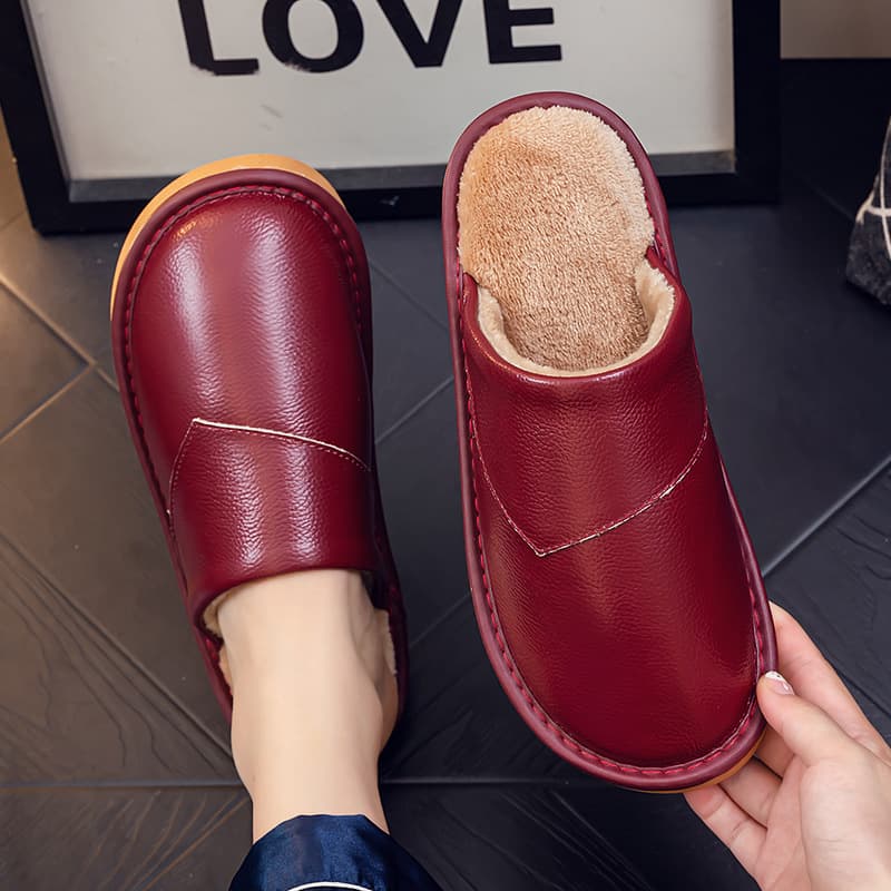 New Style Home Genuine Leather Cotton Slippers Winter Couples Unisex Indoor Home Use Anti-slip Soft Sole Warm Maternity Shoes