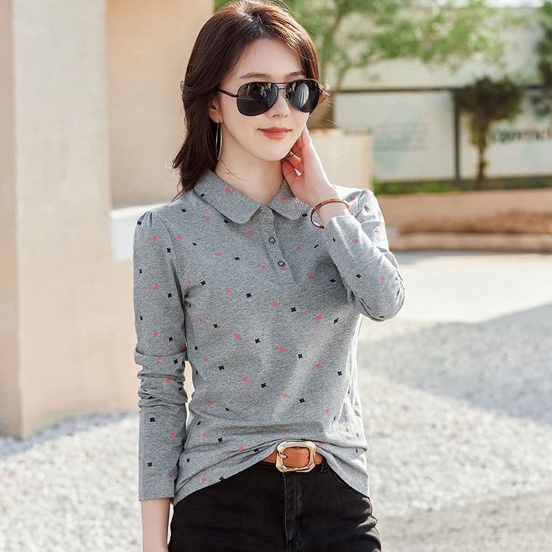 2024 Spring New Women's T-shirt Long Sleeve Stylish Collared Polo Shirt Korean Style Slim Fit Comfortable and Elegant Base Layer