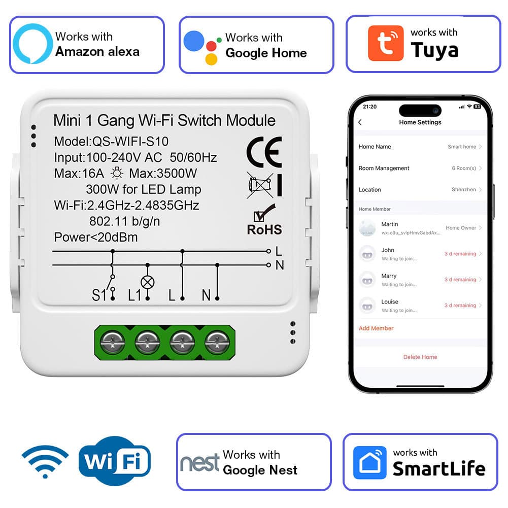 WIFI circuit breaker 1/2/3 way switch module zero fire smart switch Tuya smart