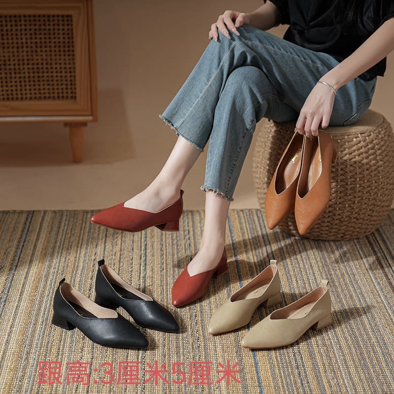 Square-toe soft leather work shoes for women, soft soles that won’t make you tired when you stand for a long time, professional and comfortable high-heeled shoes, thick heels that won’t fall off