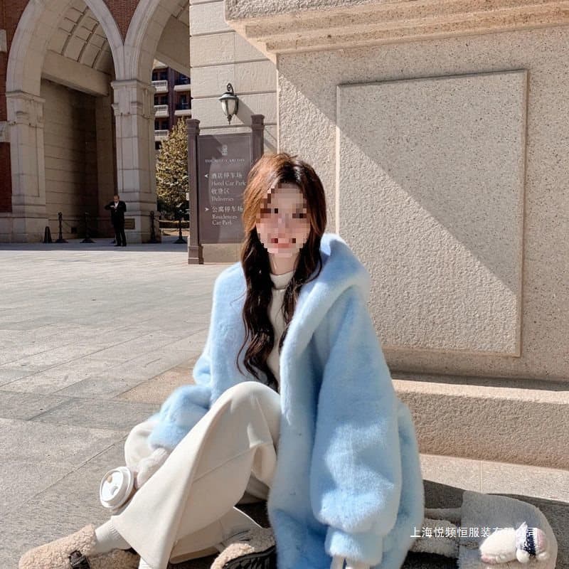 New Style Blue Hooded Top Women Coat Spring Autumn Plush Faux Fur Coat Loose Warm Thickened Mid-Length
