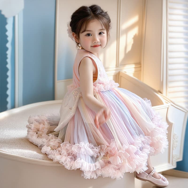 Korean Baby Girl Rainbow Cake Dress Summer 2026 New Mesh Performance Princess Dress Kids Fashion