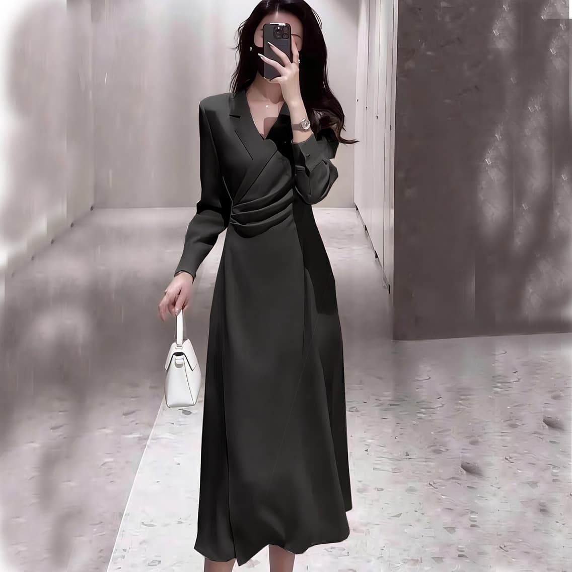 QZ051 Plus Size Women's Dress Spring New French Style Elegant Plus Size Black Long Sleeve Blazer Dress