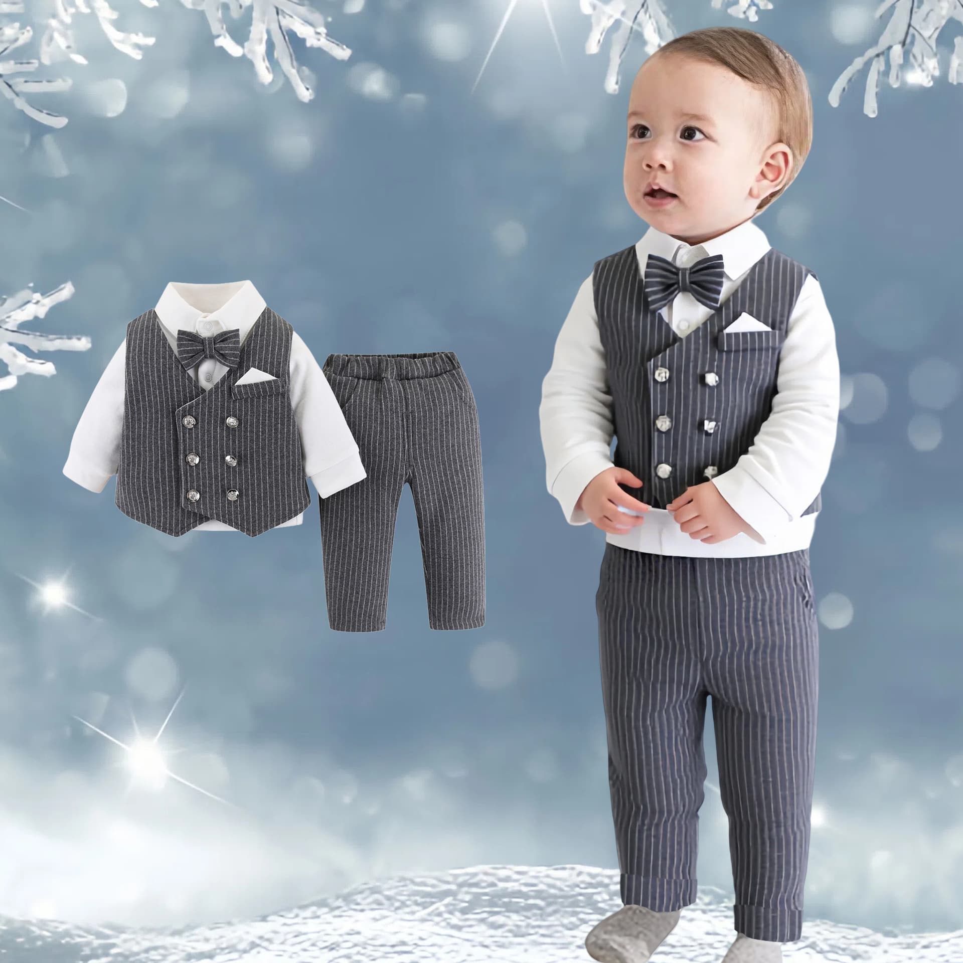 Boys' First Birthday and Hundred Days Cotton Banquet Suit, New British-style Flower Boy Three-Piece Suit with Thick Set