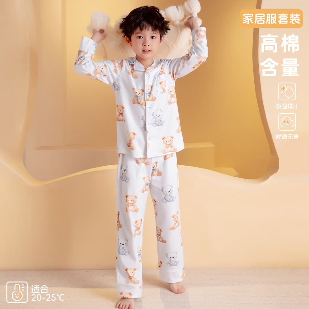 Children's pajamas boys spring and autumn pure cotton category A long-sleeved boy cardigan lapel baby home clothes cotton suit