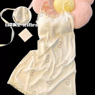 Built-in Bra Ins Style Summer Nightgown for Women Silk-like Pajamas Sexy Sweet Minimalist Camisole Dress Loungewear
