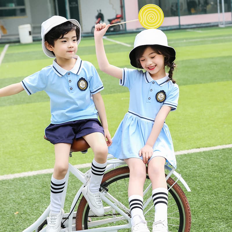 Kindergarten Summer Graduation Photo Outfit British Style Children's Class Uniform Set Blue Dress for Girls