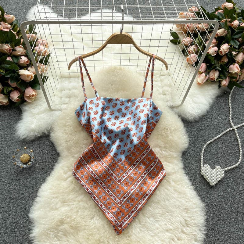European and American Ins Style Women's Top, Designer Printed Halter Top, Backless Tie-Back Slim Fit Versatile Camisole