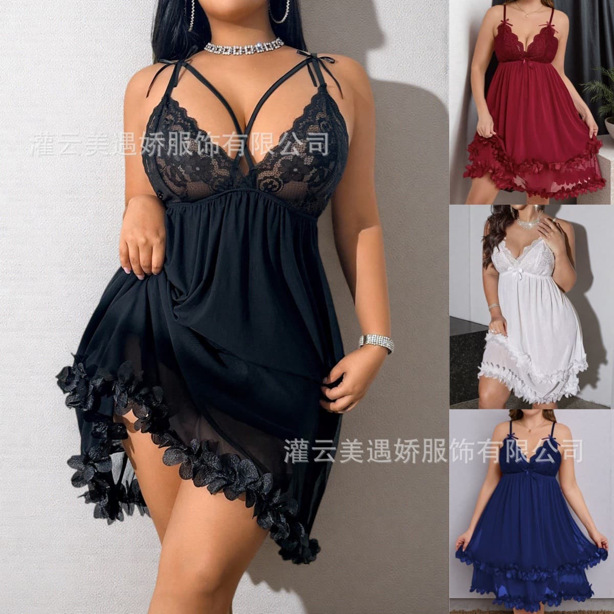 Plus Size Sexy Lingerie Sleepwear for Women, Lace Camisole Dress with Mesh V-Neck Sheer Nightgown, Export Style
