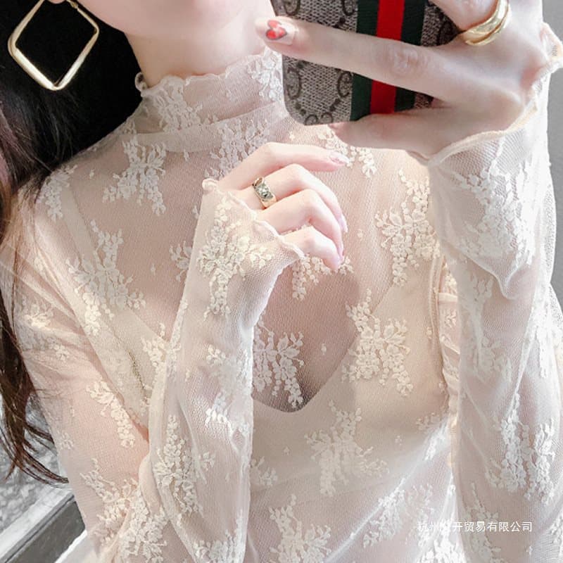 Lace base layer top for women, new spring and autumn style, 2024, fashionable hollowed-out long-sleeved mesh top, stylish inner layer blouse