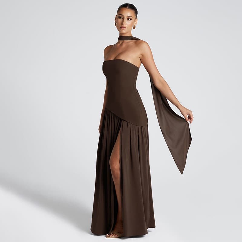 New European and American Sexy Diagonal Stitching Strapless Dress Gown Women's Long Dress Pleated Strapless