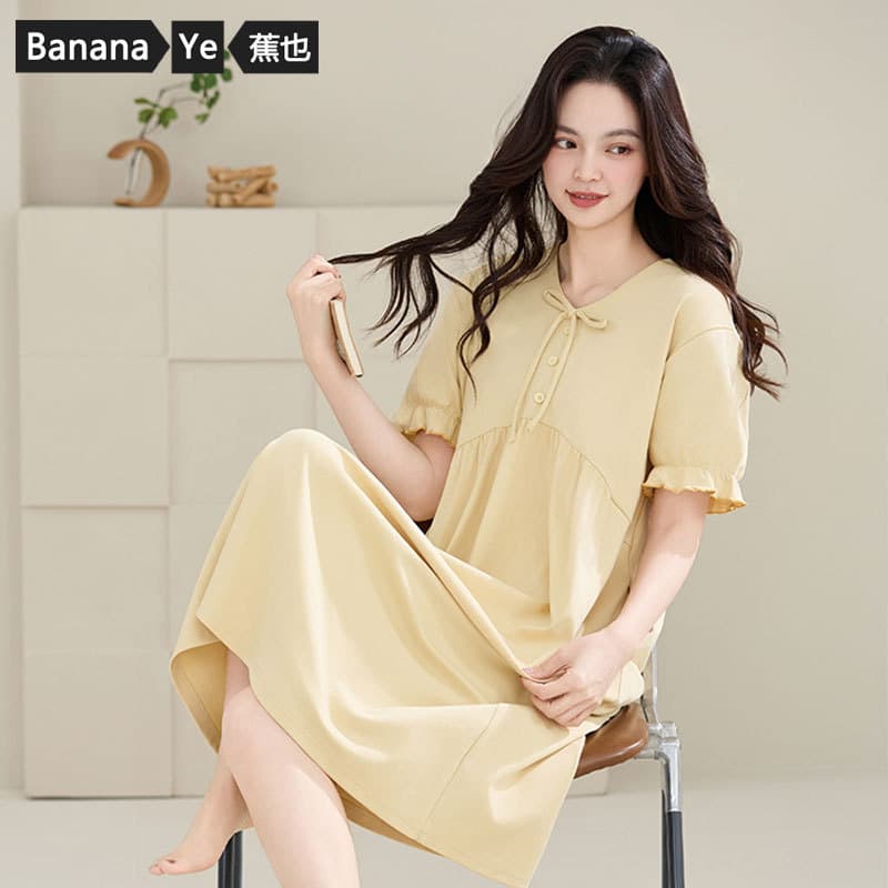 Nightgown for women spring and summer pure cotton short-sleeved thin sweet style solid color mid-length dress women's home wear for pregnant women