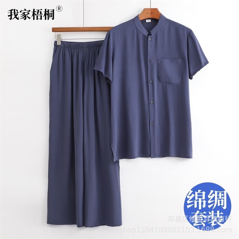 Summer Silk Cotton Short Sleeve Stand Collar Cardigan and Long Pants Set for Middle-aged and Elderly Men, Grandpa Artificial Cotton Summer Wear