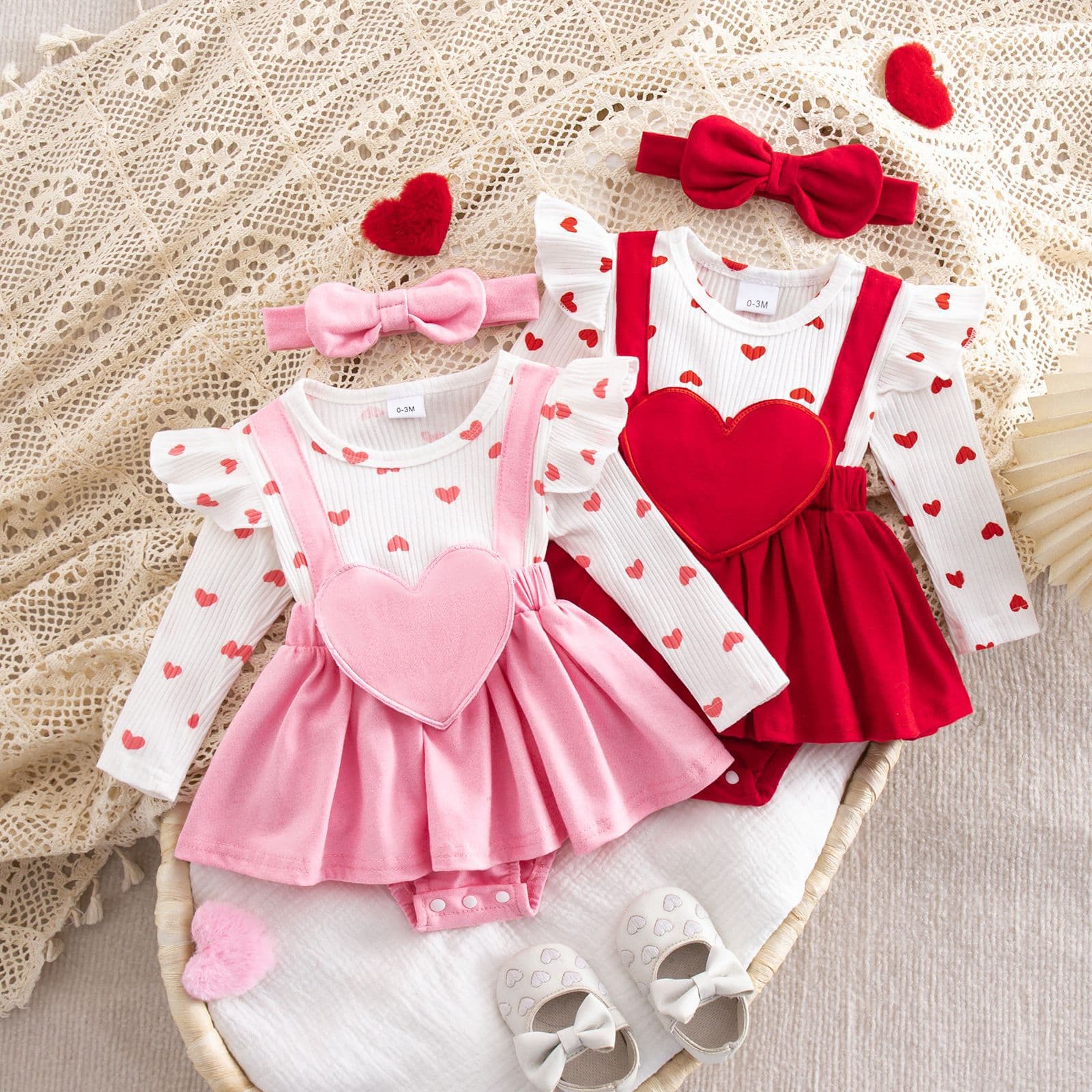 2024 Valentine's Day Infant Girl Baby Love Printed Long Sleeve Triangular Harness Dress Embroidered Fake 2 Piece Harness Dress