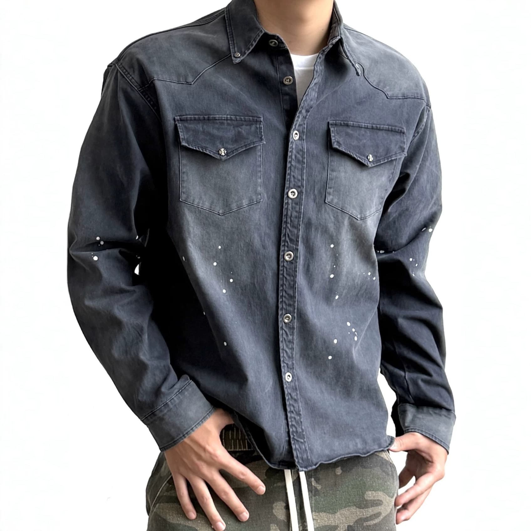 Saint 26AW Classic Indigo Blue Western Double-Layer Shoulder Plant-Dyed Distressed Workwear Shirt Jacket