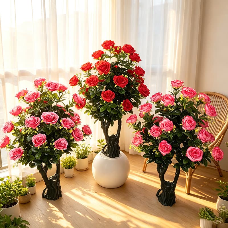 Cross-border Amazon simulated acacia rose potted silk flower rose multi-head home decoration ornaments fake flowers simulated flowers