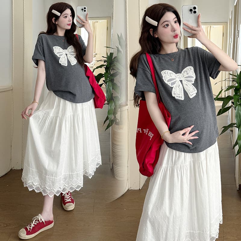2025 Summer New Cotton Loose Bow Embroidery T-Shirt Top + Skirt Maternity Outfit for Pregnancy