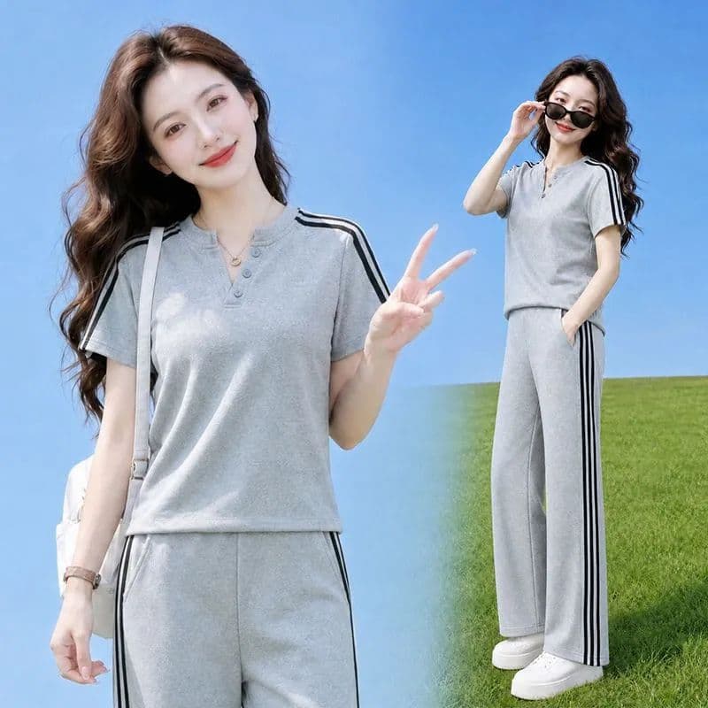 Cross-Border Striped Sportswear Set for Women 2026 New Summer Fashion Casual Round Neck Short Sleeve Running Loose Two-Piece Set