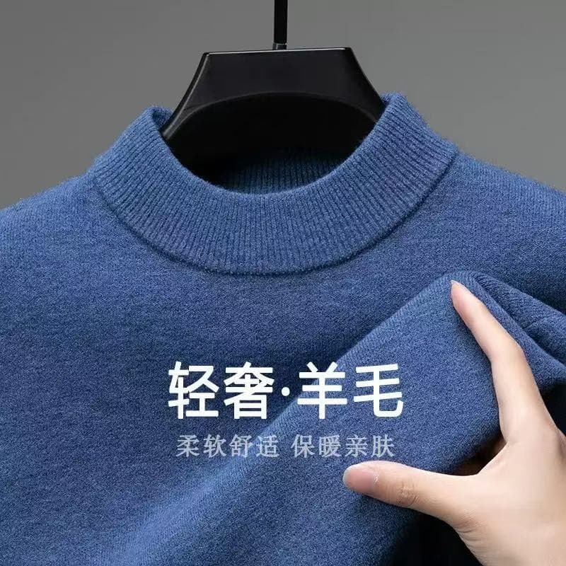 Autumn/Winter 100% Pure Wool Men's Mock Neck Warm Knit Sweater, Plus Size Casual Mid-Neck Base Layer Cashmere Sweater