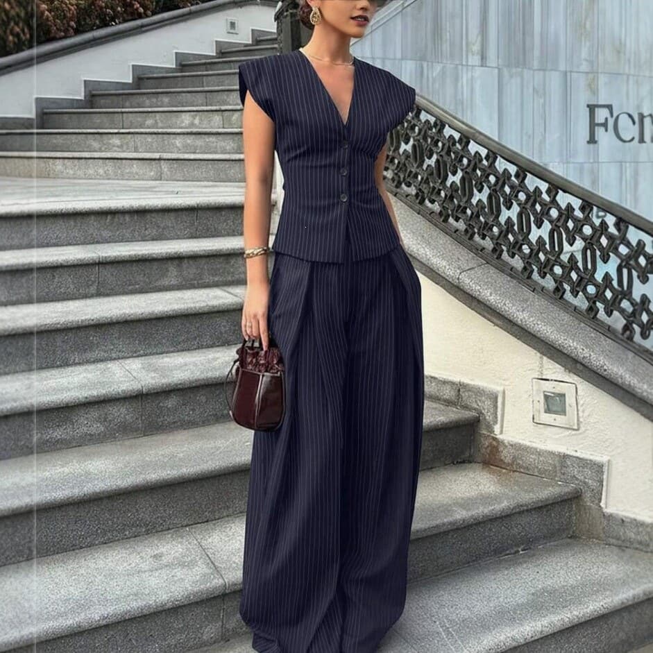 Amazon 2026 New Cross-border Europe and America Fashion V-Neck Sleeveless Wide Leg Pants Slimming Fitted Elegant Commuter Suit